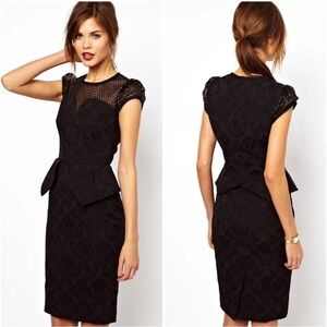 Karen Millen Black Peplum Midi Dress Cap Sleeve Crew Neck